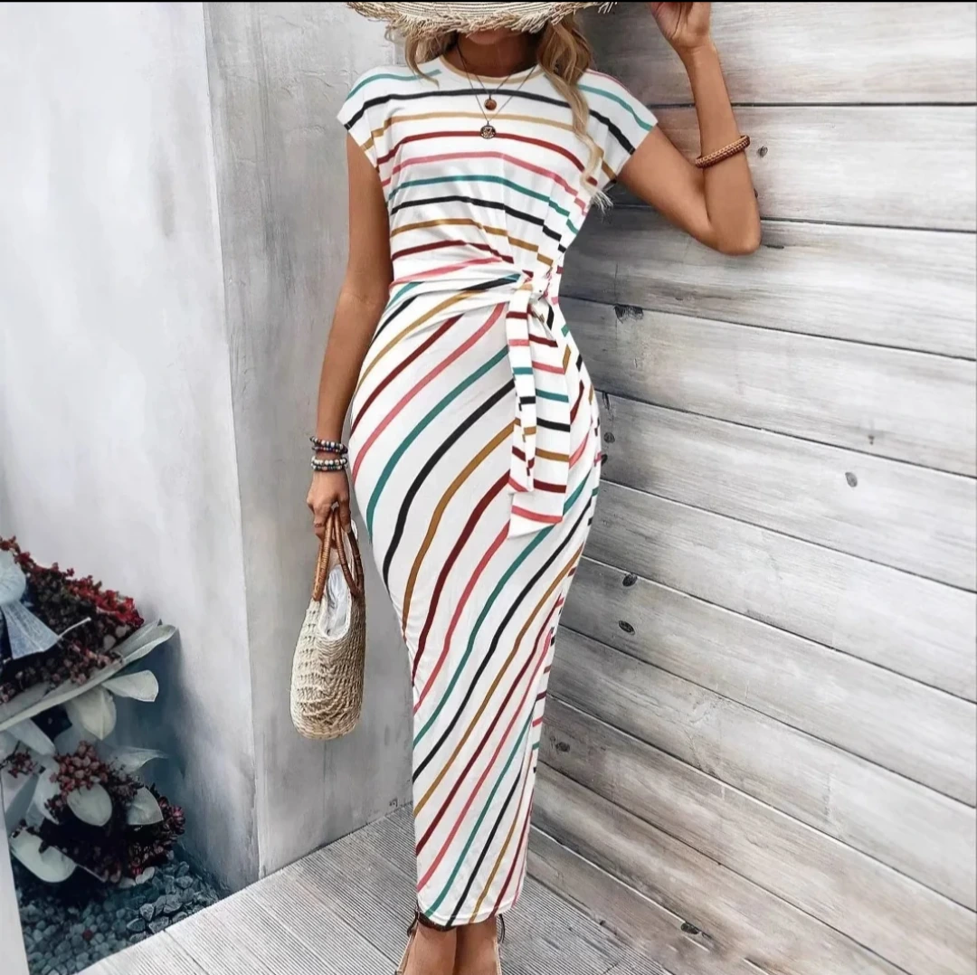 Pink Stripe Knot-Front Casual Dress view 3
