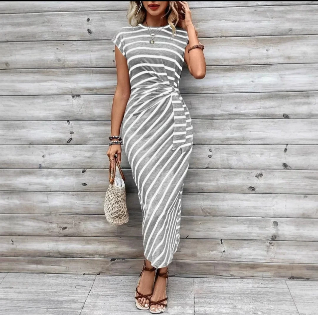 Pink Stripe Knot-Front Casual Dress view 4