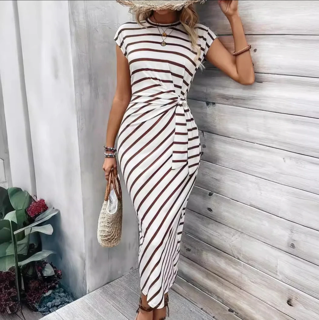 Pink Stripe Knot-Front Casual Dress view 7