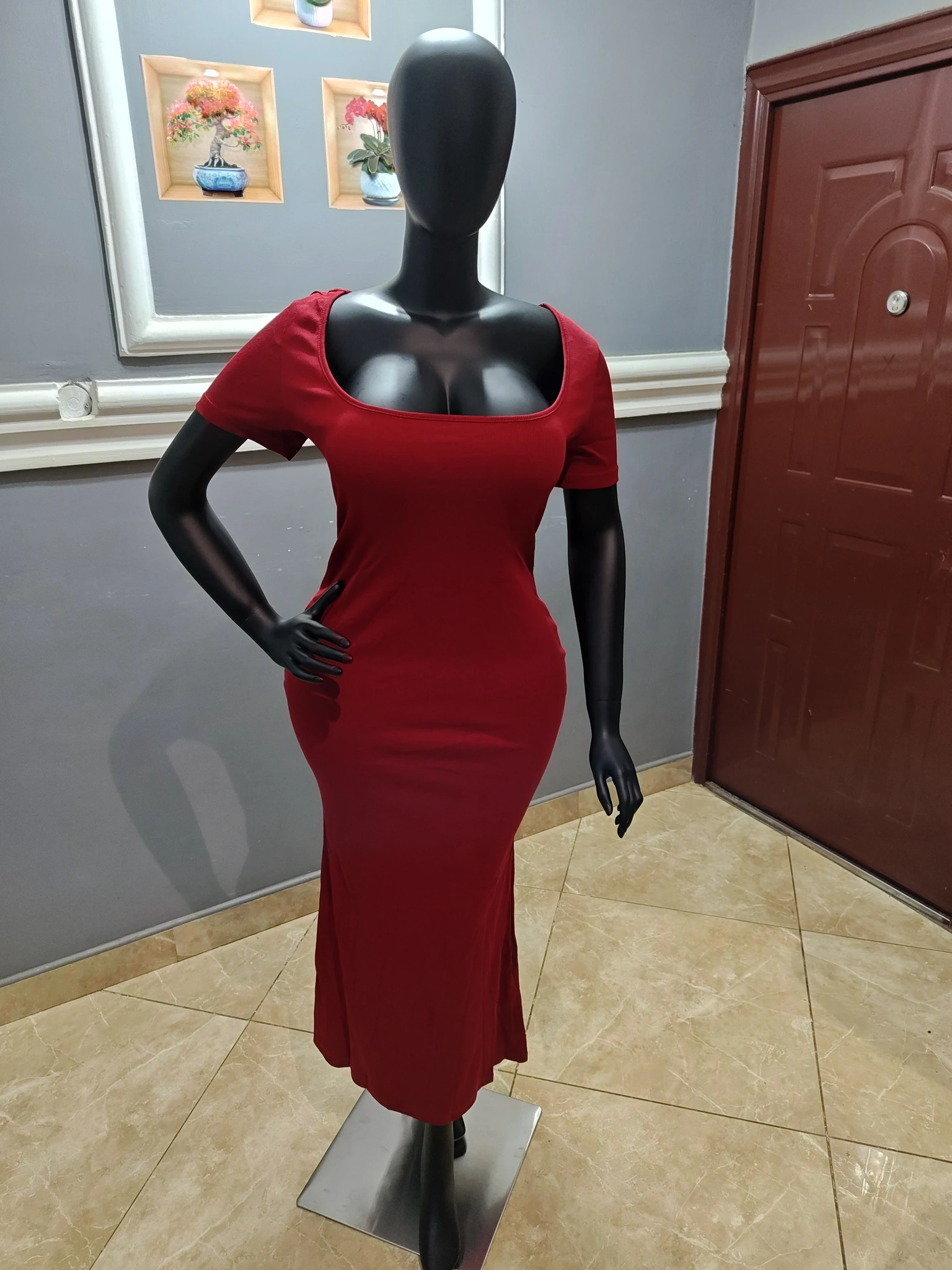 Red Square-Neck Bodycon Midi Dress
