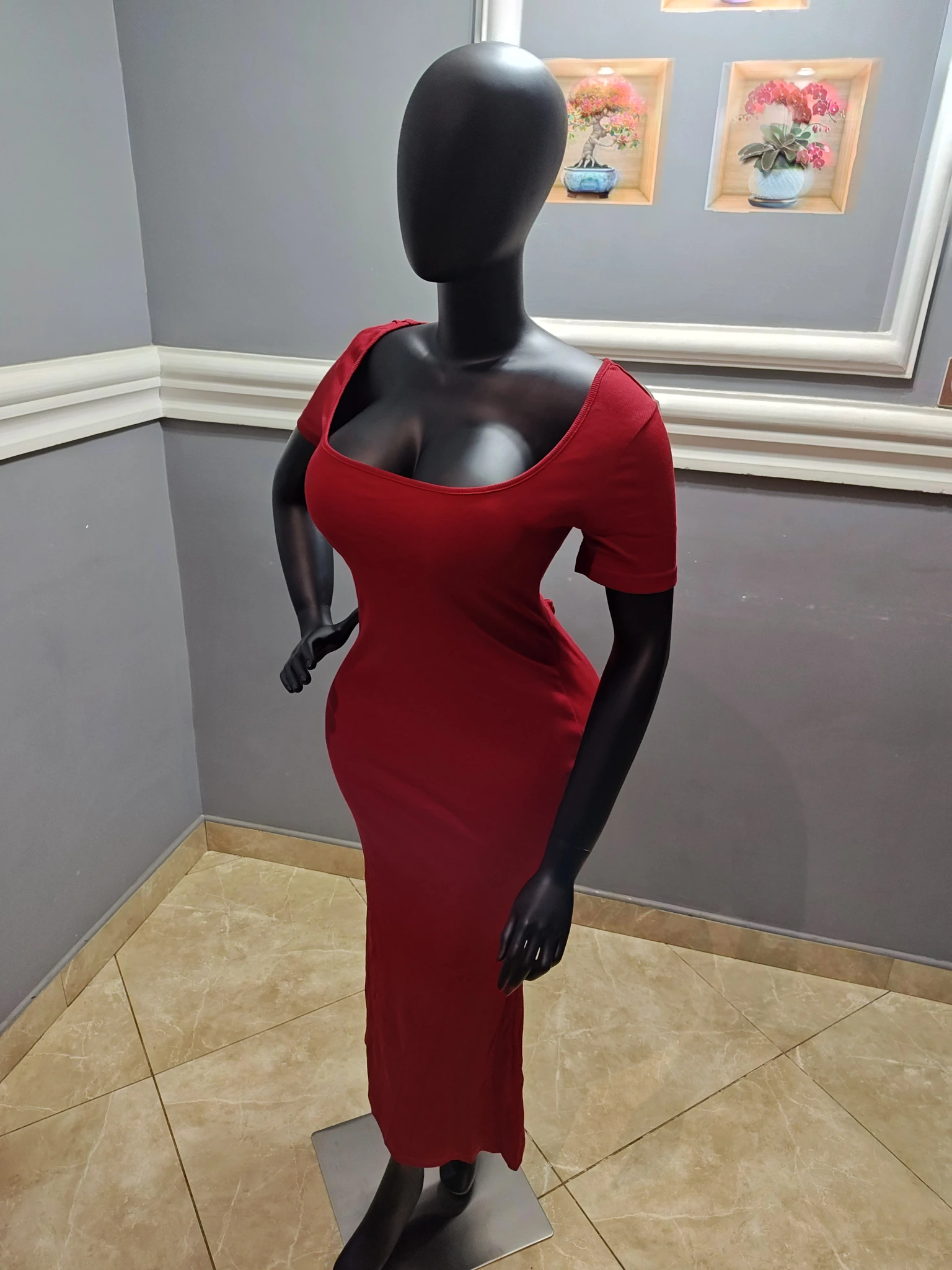 Red Square-Neck Bodycon Midi Dress view 3