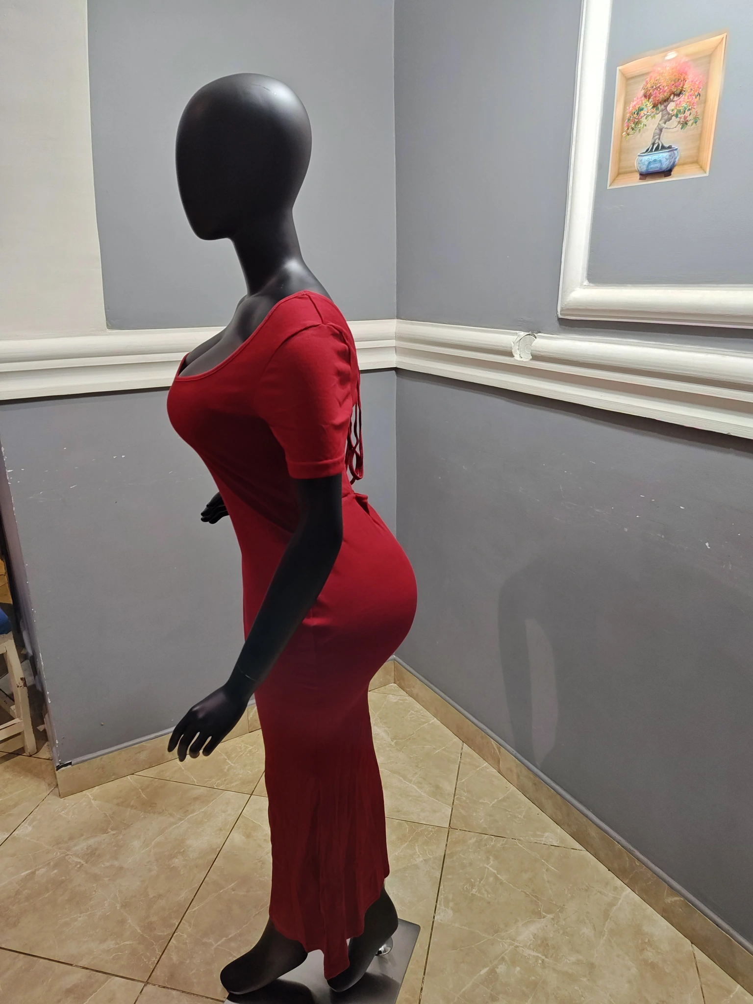 Red Square-Neck Bodycon Midi Dress view 4