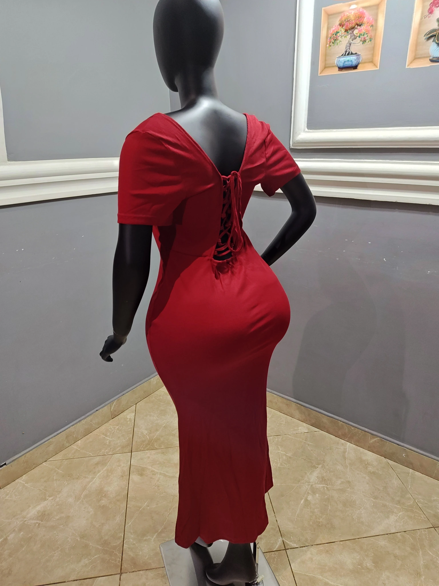 Red Square-Neck Bodycon Midi Dress view 5