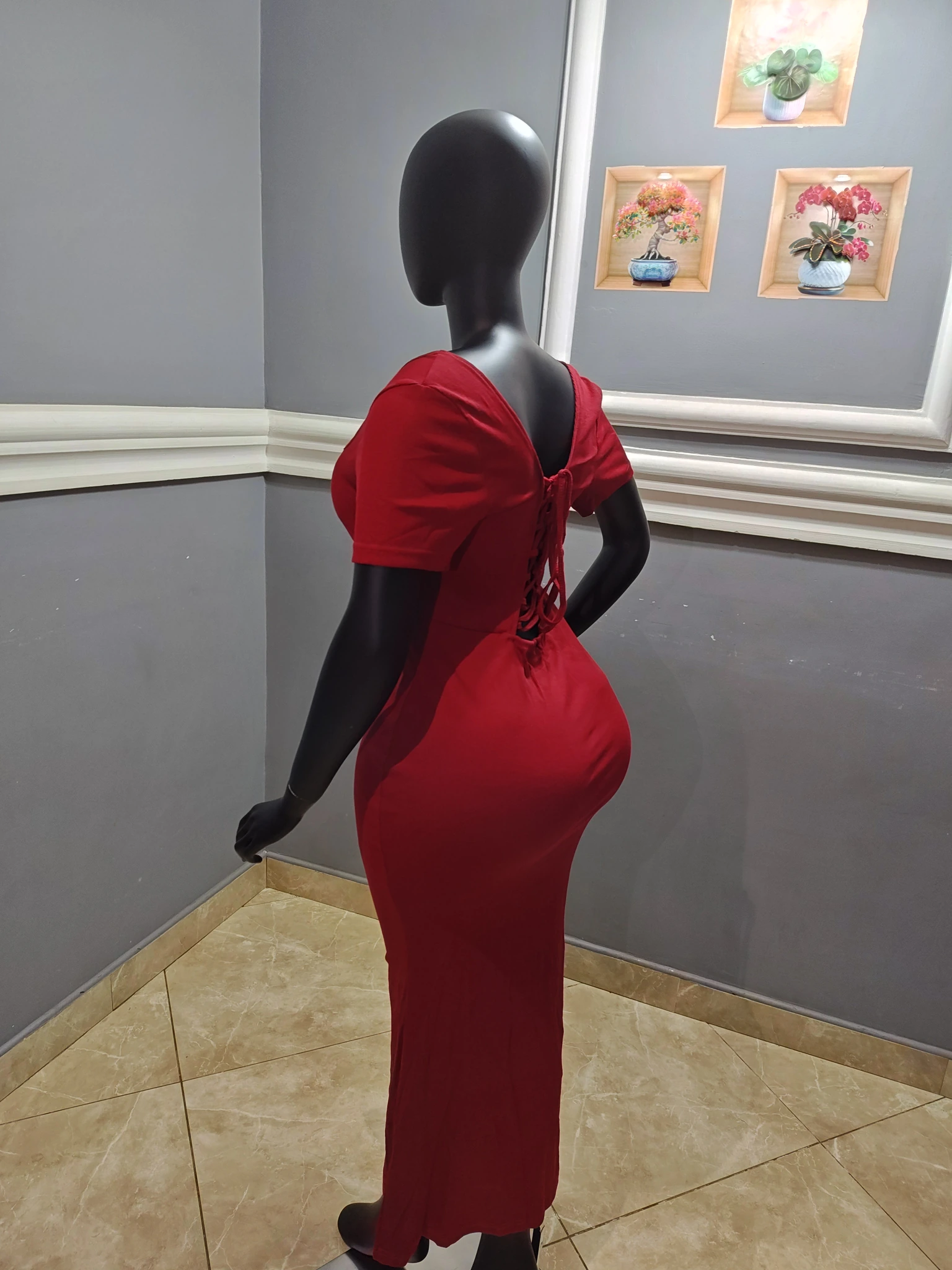 Red Square-Neck Bodycon Midi Dress view 6