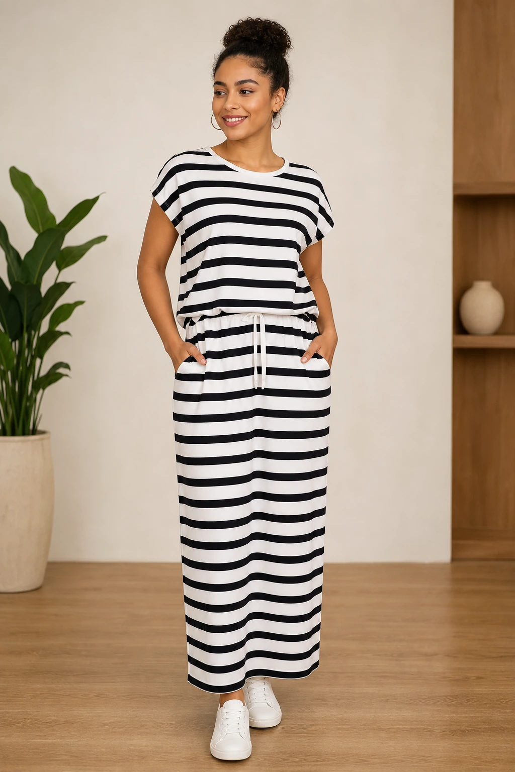 Black and White Stripe Drawstring Dress