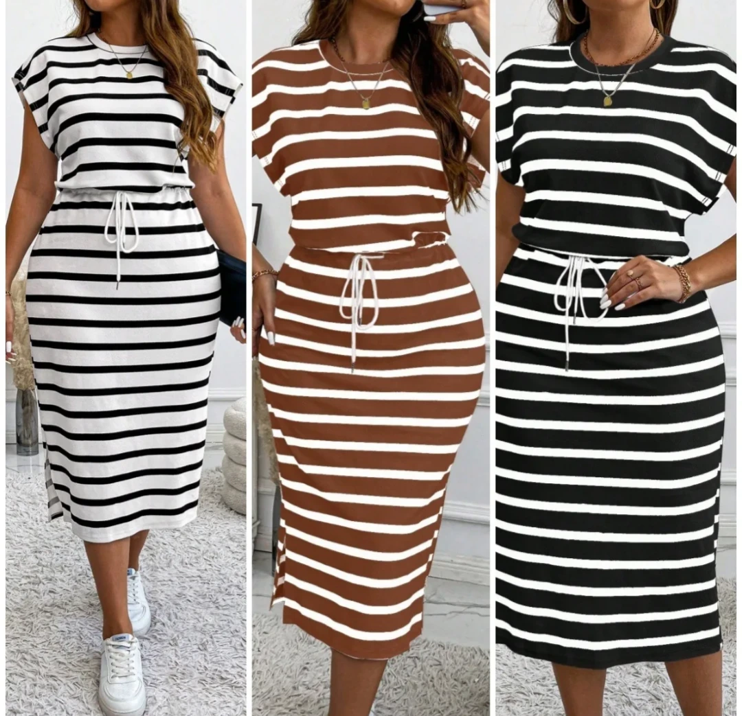 Black and White Stripe Drawstring Dress view 3