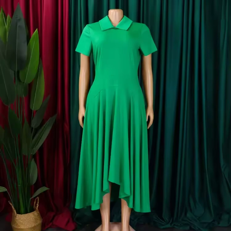 Women's Short-Sleeve Collared Asymmetric Fit-and-Flare Midi Dress