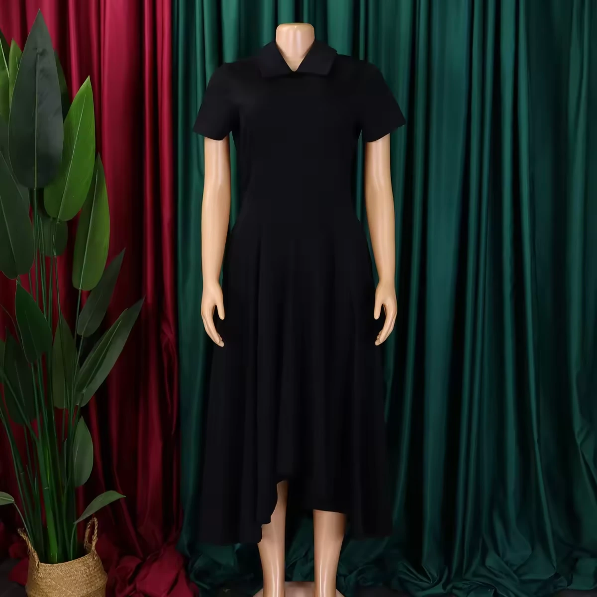 Women's Short-Sleeve Collared Asymmetric Fit-and-Flare Midi Dress view 2