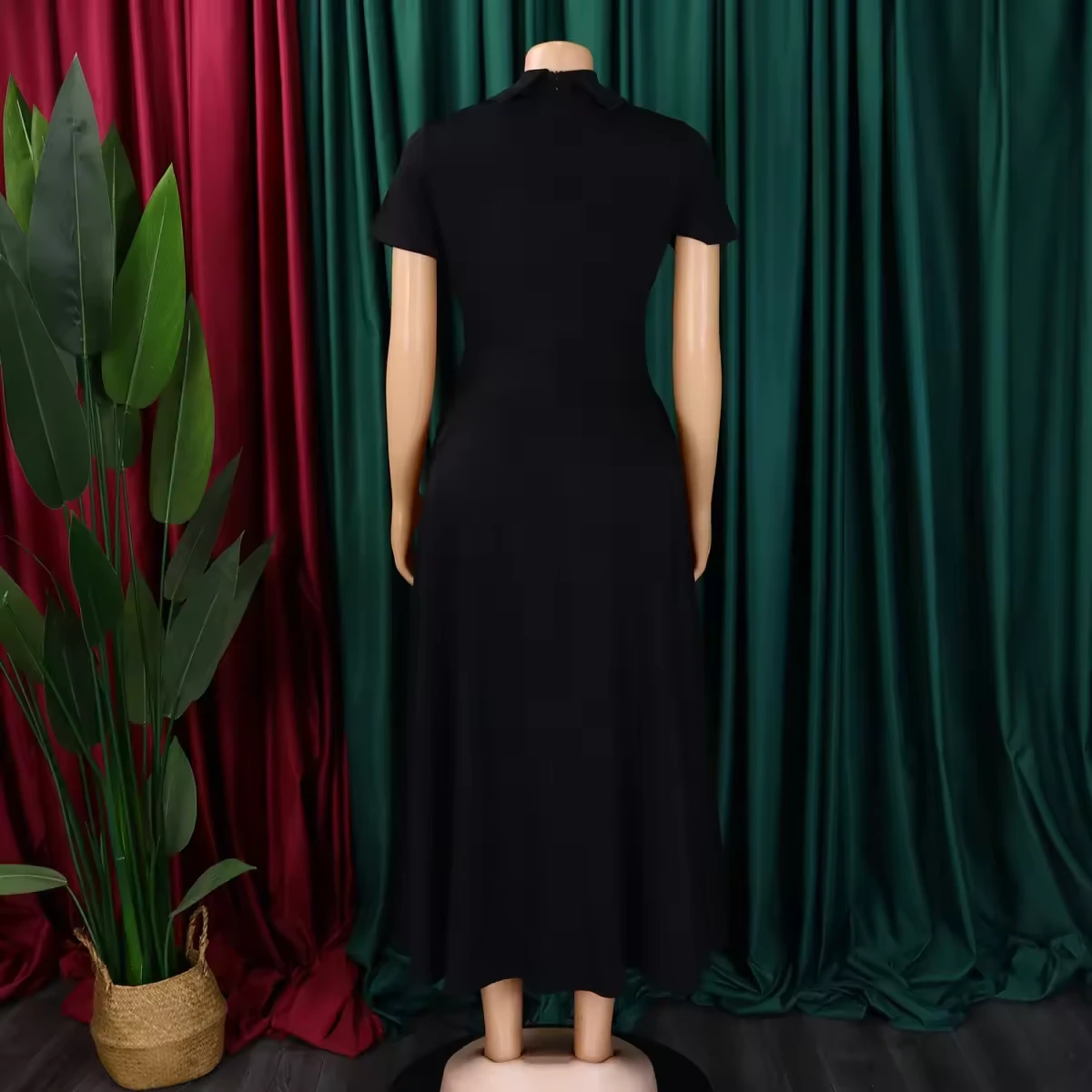 Women's Short-Sleeve Collared Asymmetric Fit-and-Flare Midi Dress view 3