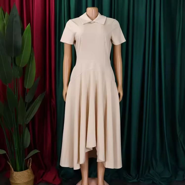 Women's Short-Sleeve Collared Asymmetric Fit-and-Flare Midi Dress view 7