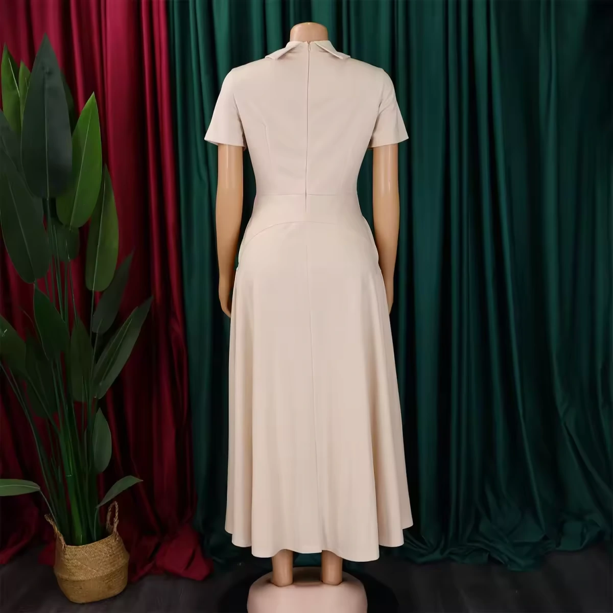 Women's Short-Sleeve Collared Asymmetric Fit-and-Flare Midi Dress view 10