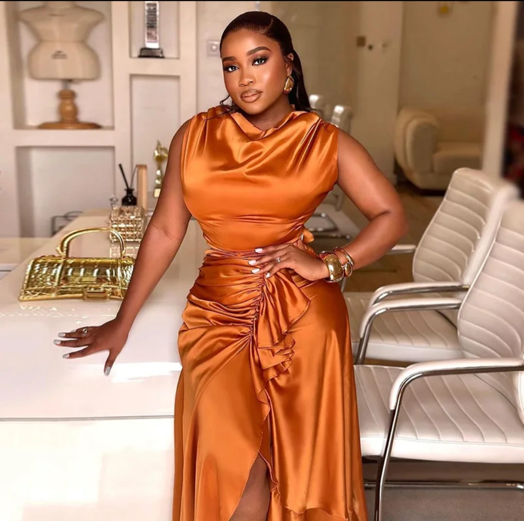 Women's Copper Satin Cowl-Neck Ruched Wrap Maxi Dress view 3