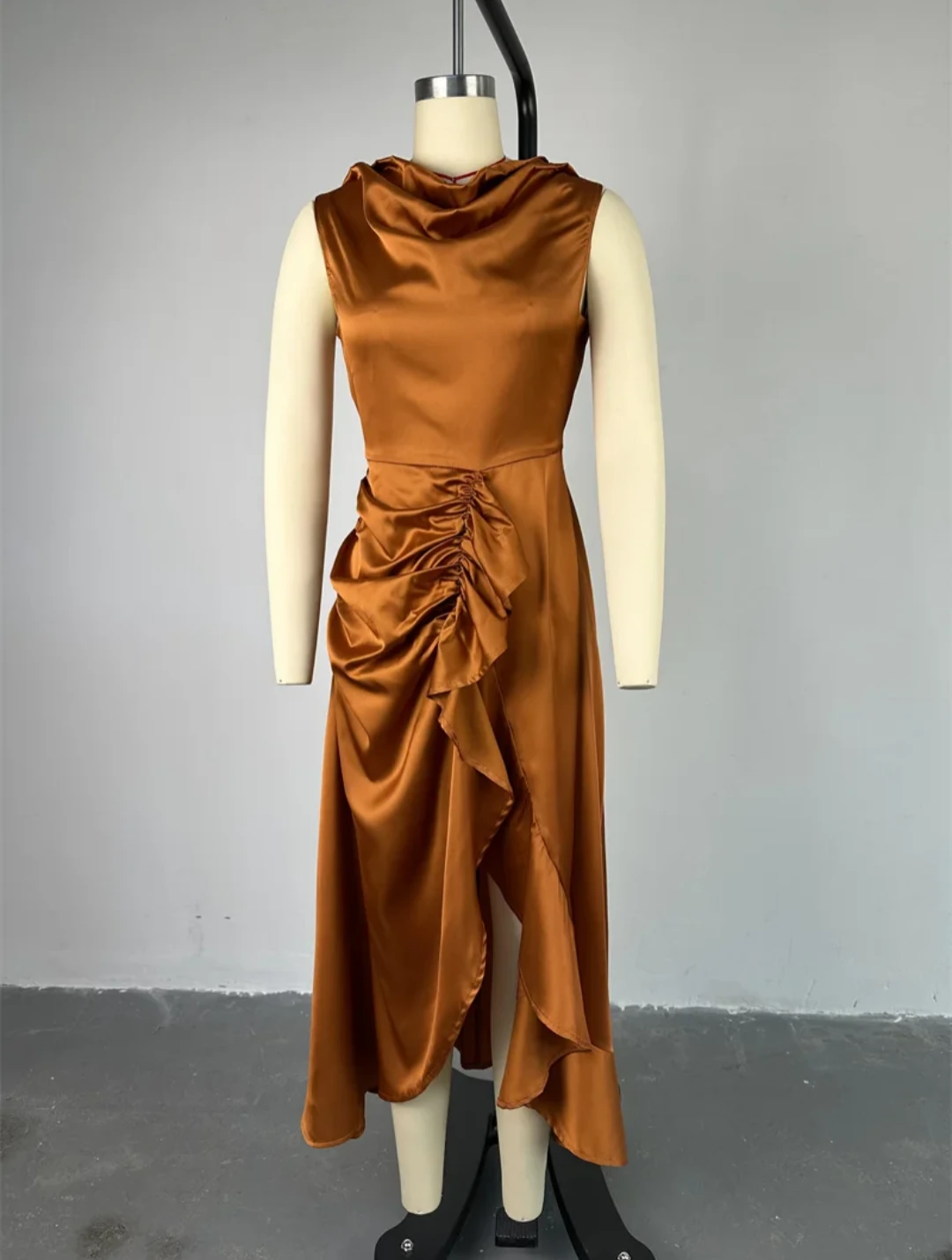 Women's Copper Satin Cowl-Neck Ruched Wrap Maxi Dress view 4