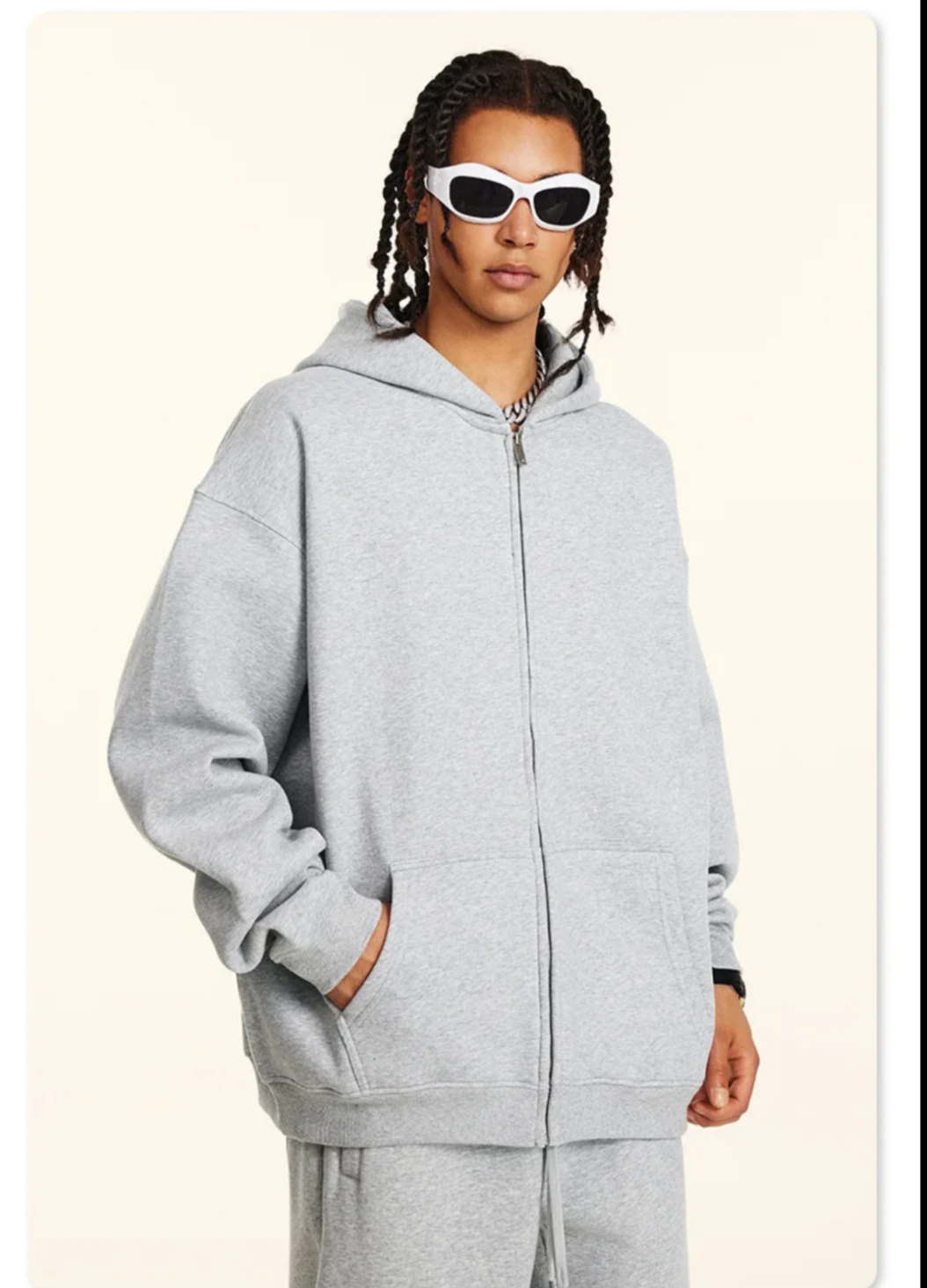 Oversized Full-Zip Hoodie - Heather Grey & Ivory