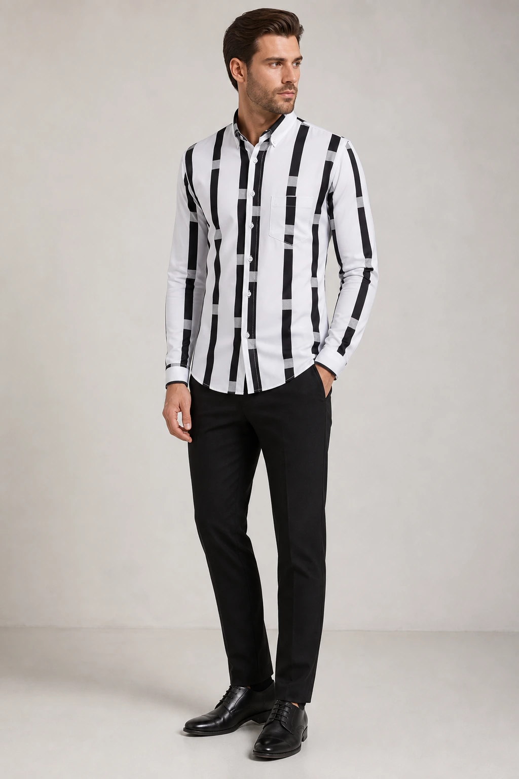Men's Black-and-White Block-Stripe Long-Sleeve Shirt