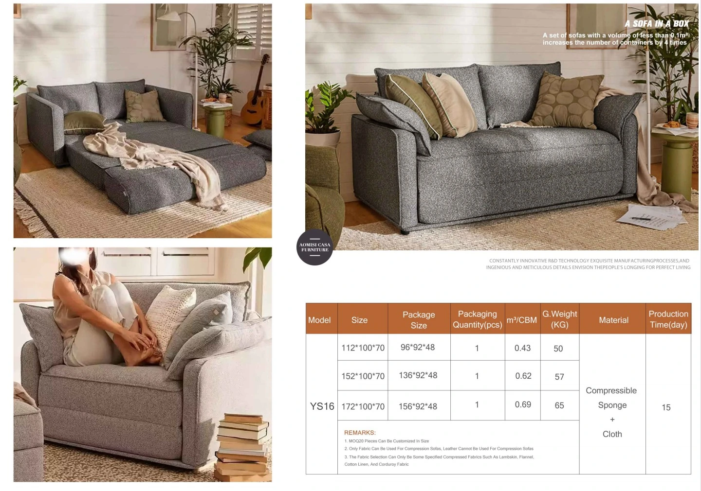 Cord-Fabric Compressible Sofa view 2