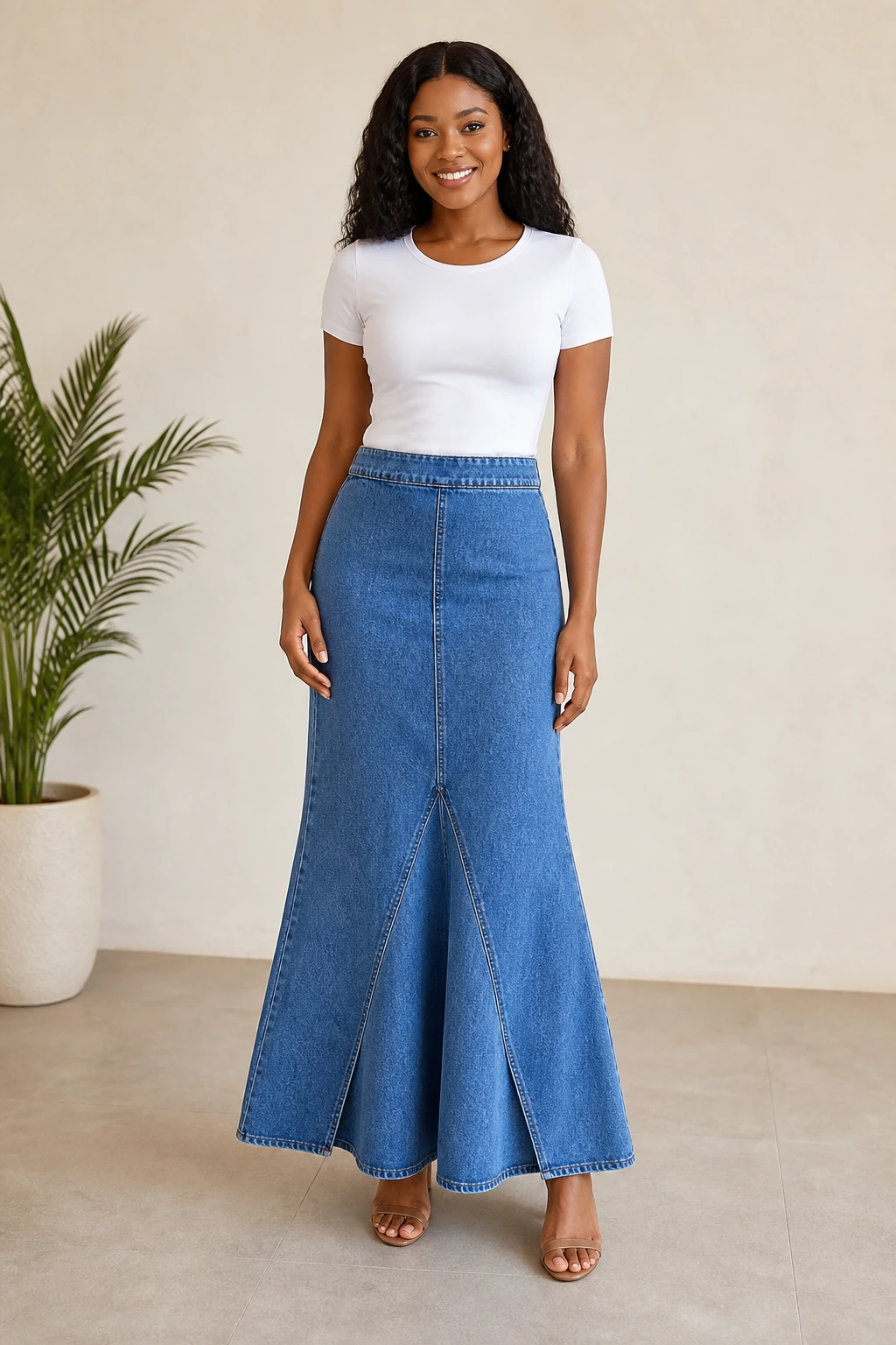 Light-Wash Panelled Fishtail Denim Midi Skirt