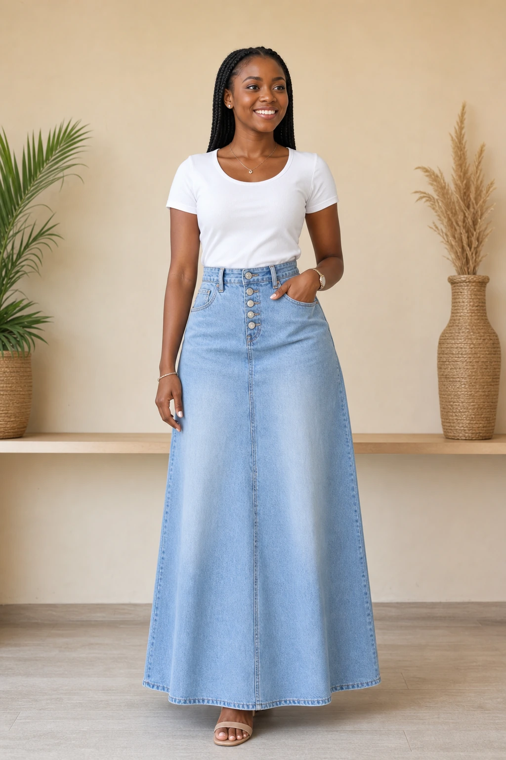 Light-Wash Button-Front A-Line Long Denim Skirt