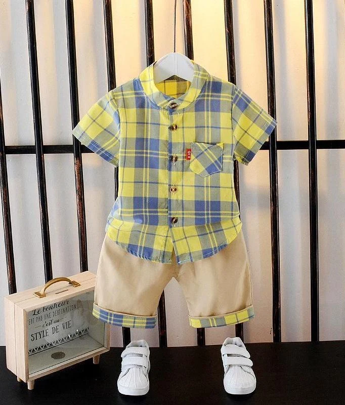 Yellow Plaid Shirt and Tan Shorts Set showcase