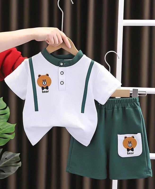 Forest Green Bear Polo Shorts Set showcase