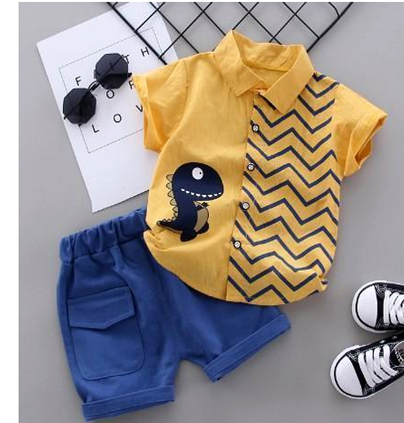 Mustard Dinosaur Shirt and Blue Shorts Set showcase