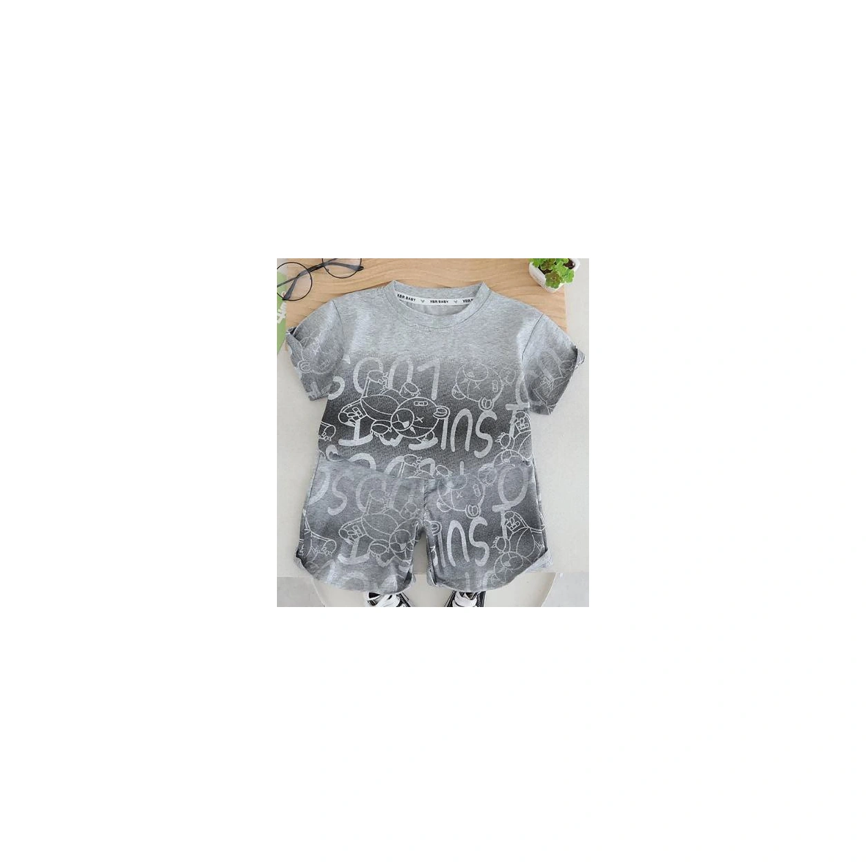 Grey Sketch-Print Tee and Shorts Set showcase