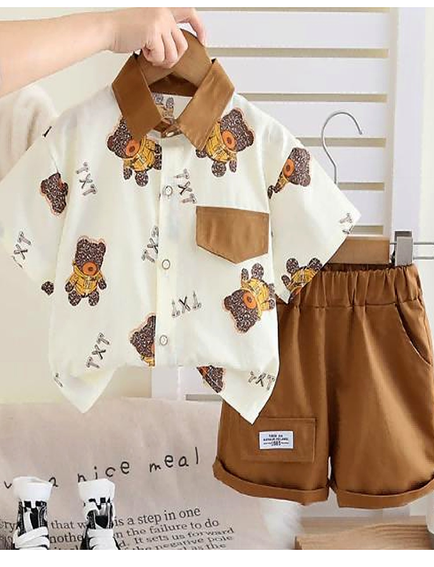 Cream Teddy-Print Shirt and Brown Shorts Set showcase