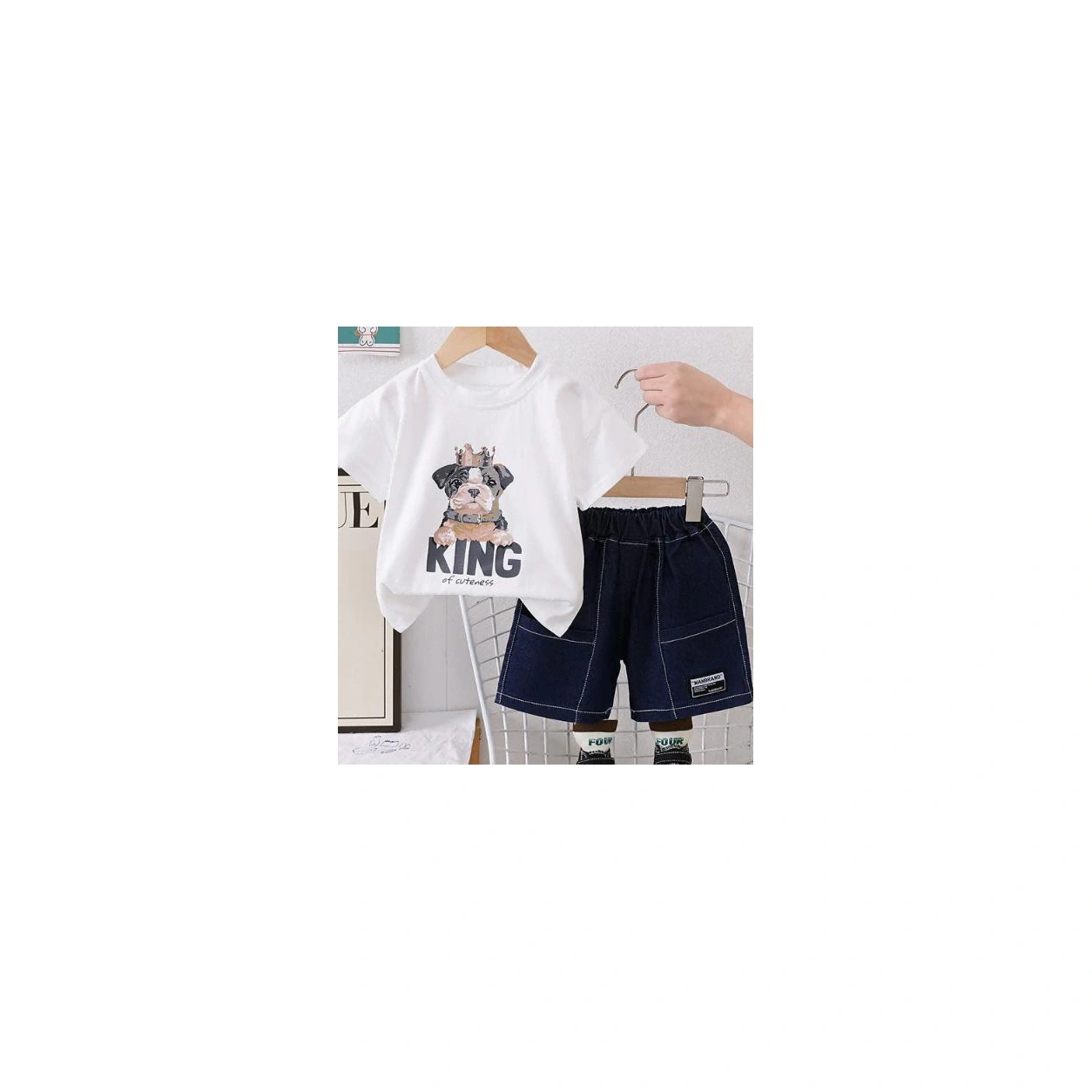 White KING Graphic Tee and Navy Shorts Set showcase