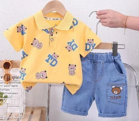 Yellow Bear Polo and Denim Shorts Set showcase