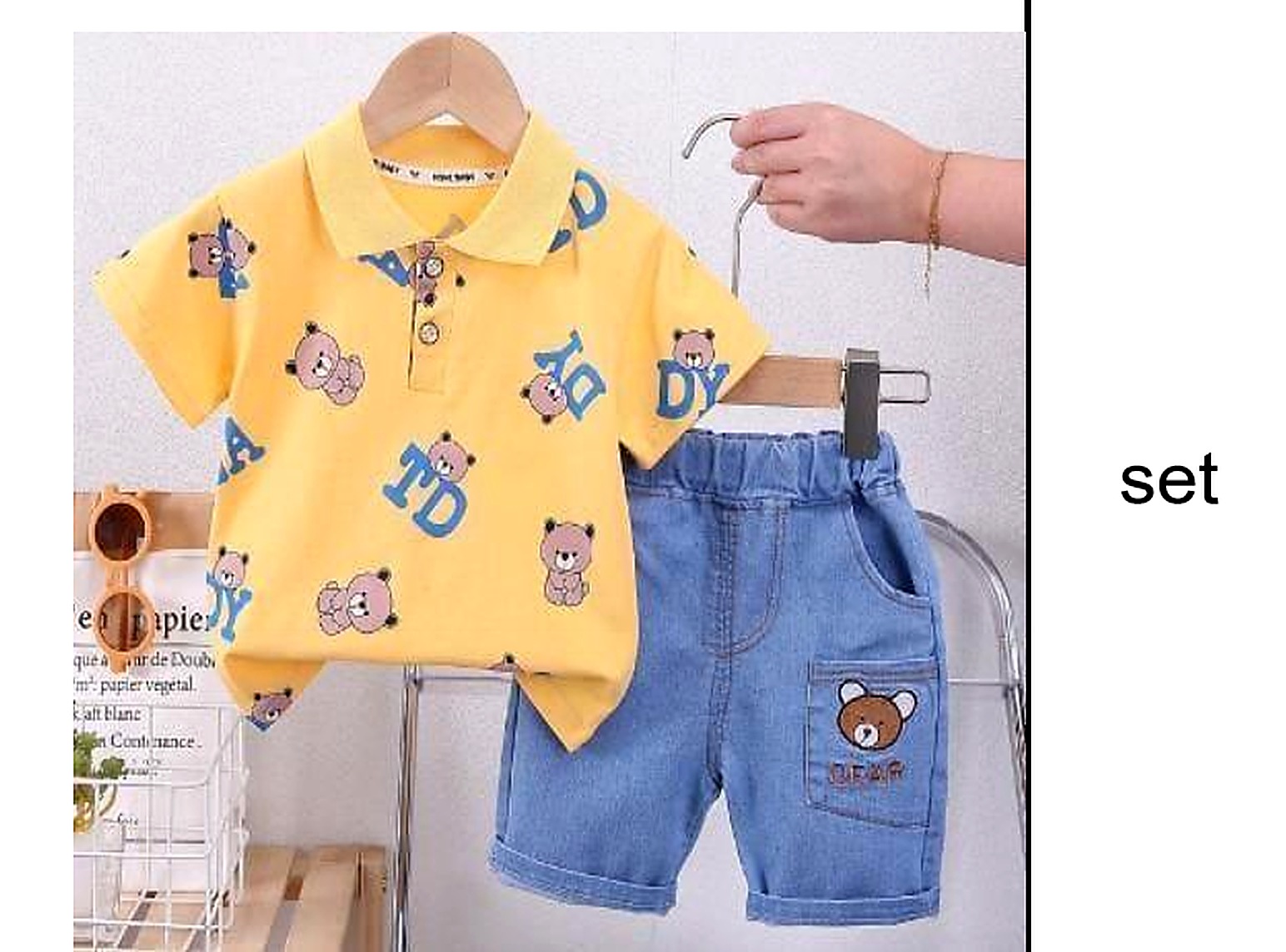 Yellow Teddy Polo and Denim Shorts Set showcase