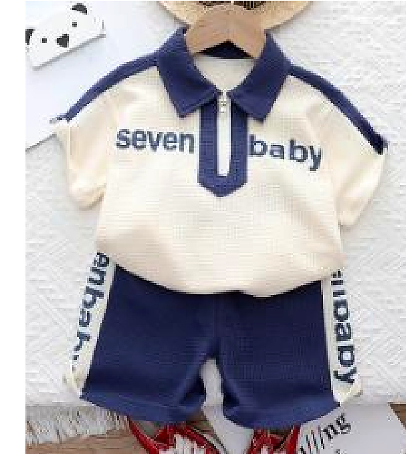 Cream and Navy Seven Baby Polo Shorts Set showcase