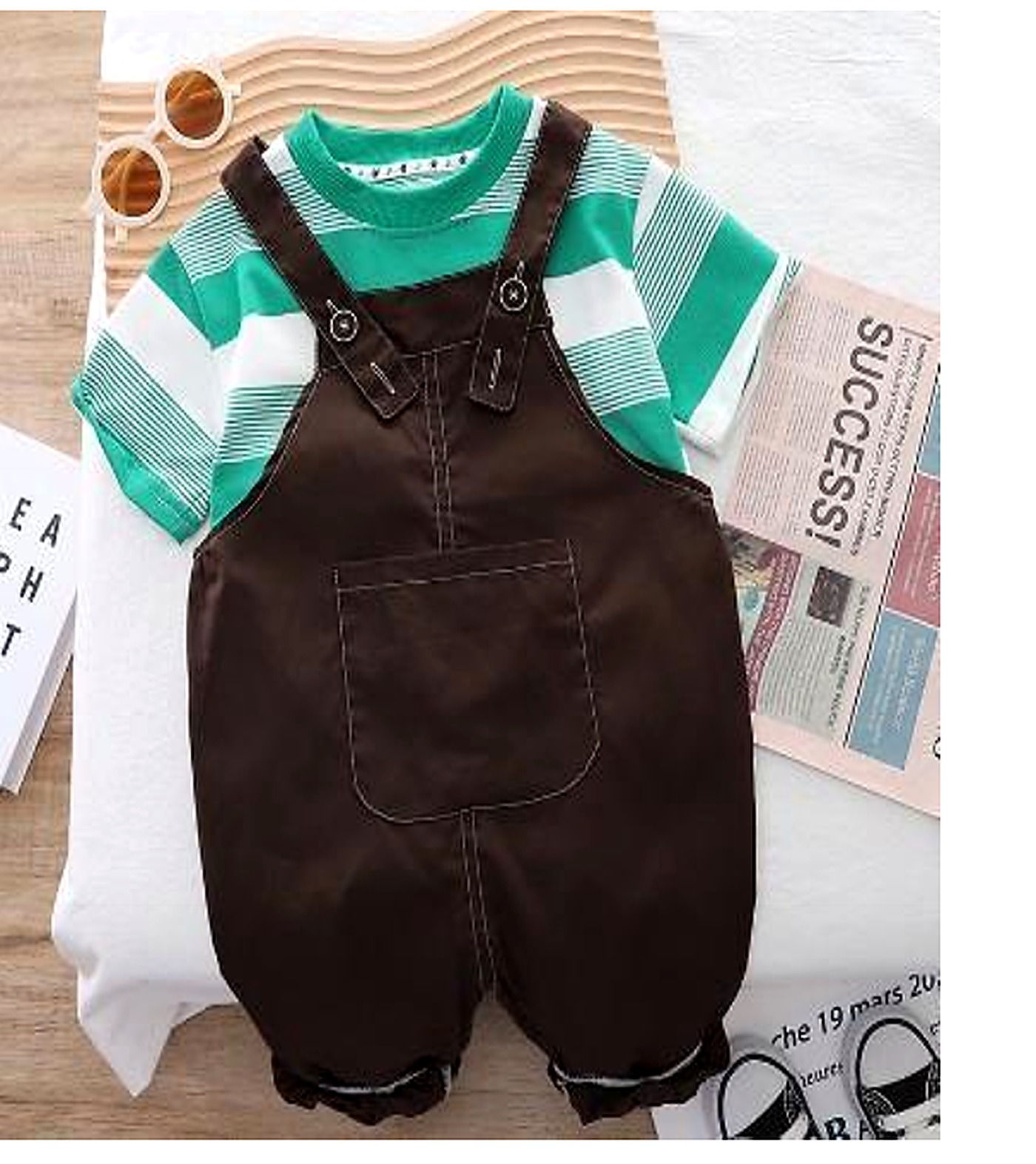 Green Striped Tee and Brown Dungarees Set showcase