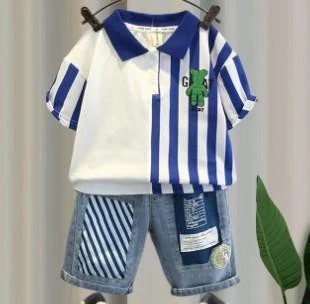Blue Stripe Polo and Patchwork Denim Set showcase