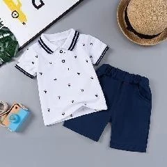 White Mini-Print Polo and Navy Shorts Set showcase