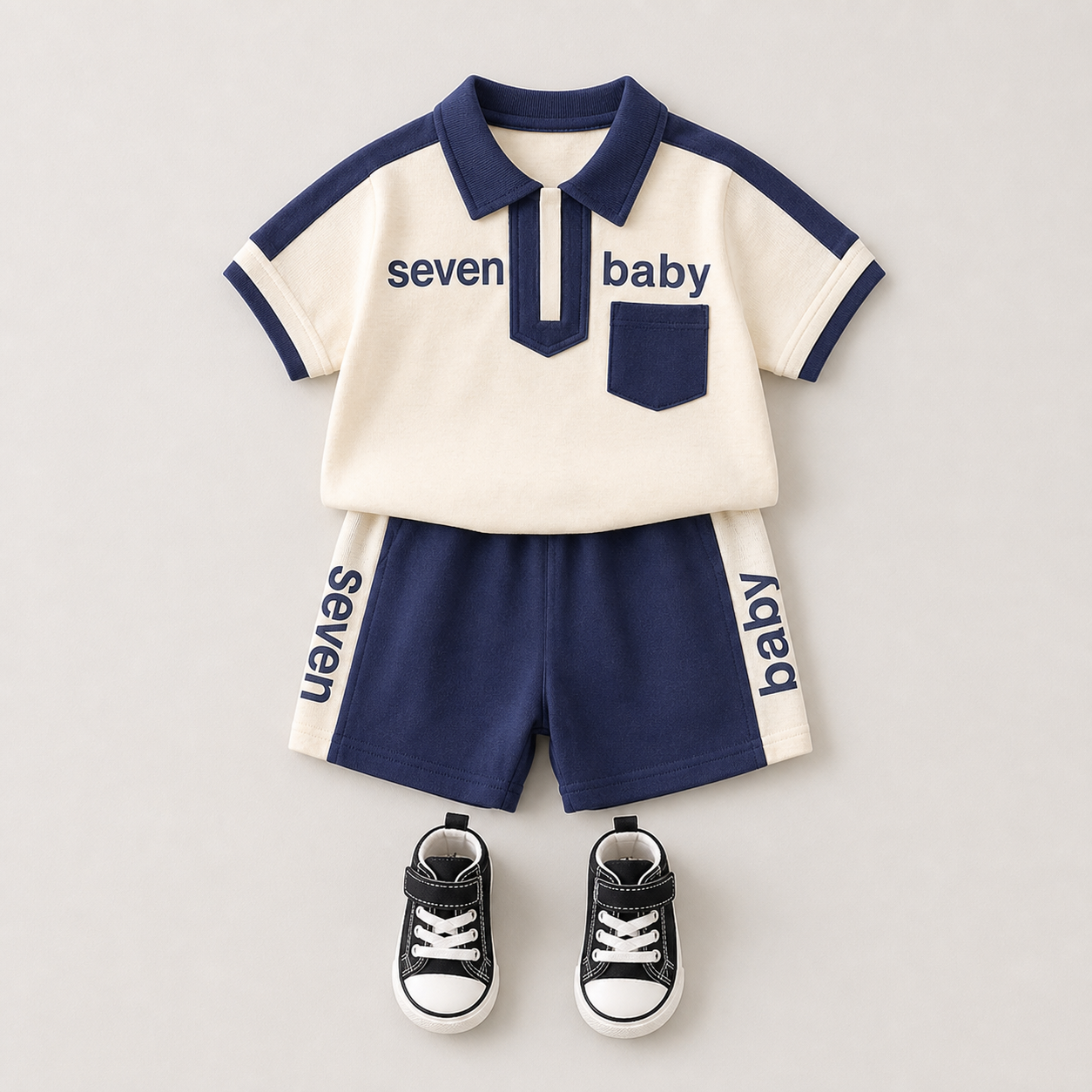 Cream Navy-Trim Polo Shorts Set showcase