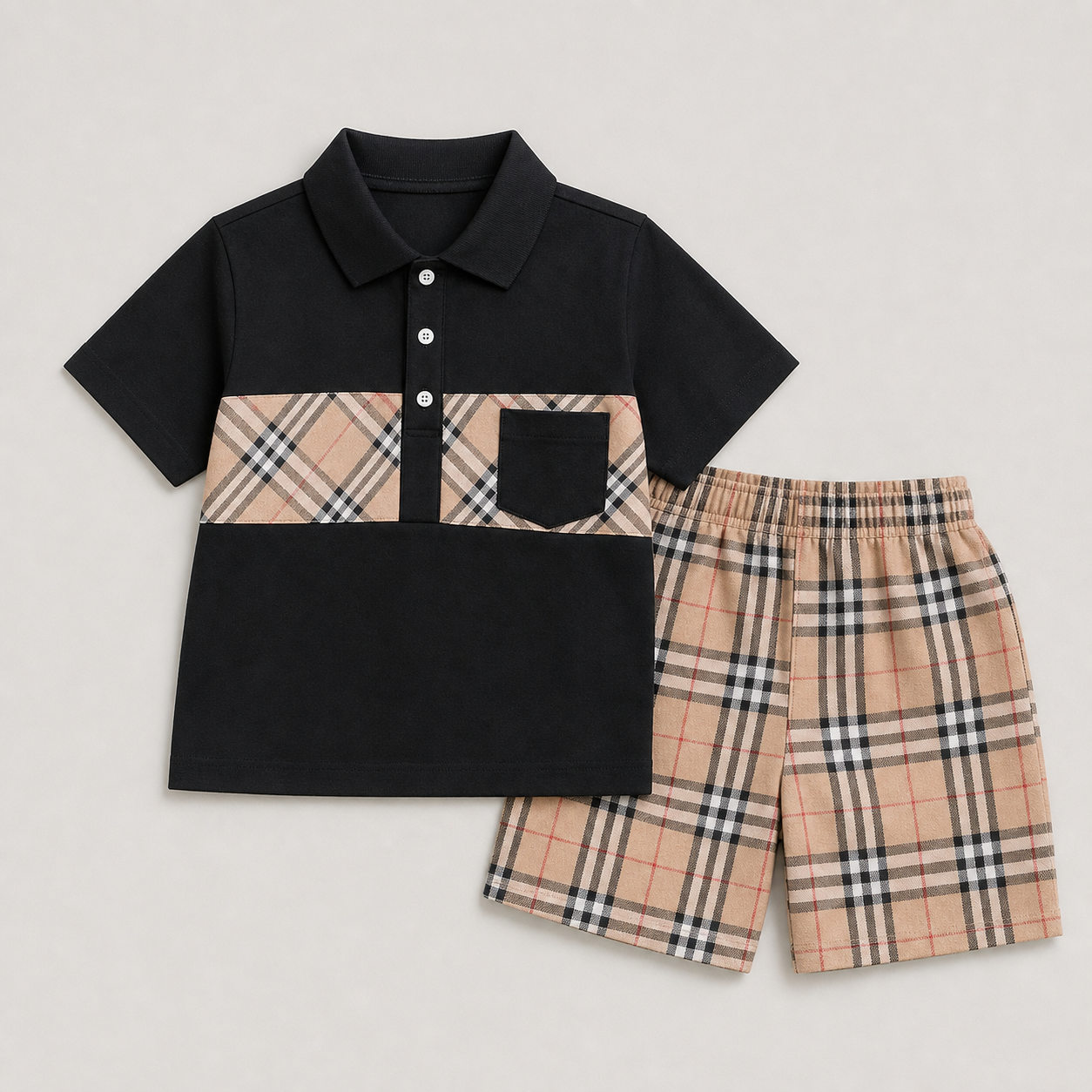 Red Plaid-Panel Polo and Shorts Set showcase