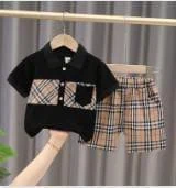 Black Plaid-Panel Polo and Shorts Set showcase