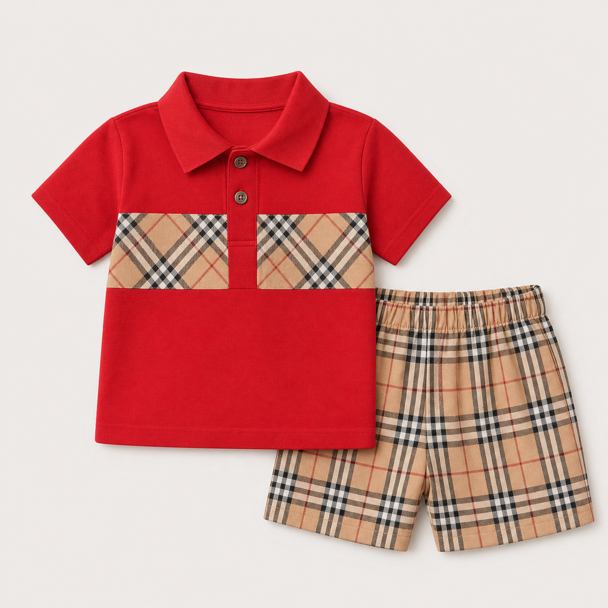 Black Plaid-Panel Polo and Shorts Set showcase