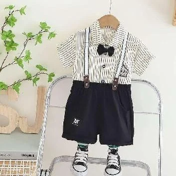 Pinstripe Bow-Tie Suspender Shorts Set showcase