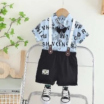 Blue Letter-Print Bow-Tie Shorts Set showcase