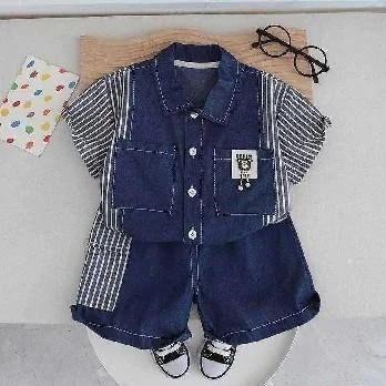 Indigo Stripe-Patch Shirt and Shorts Set showcase