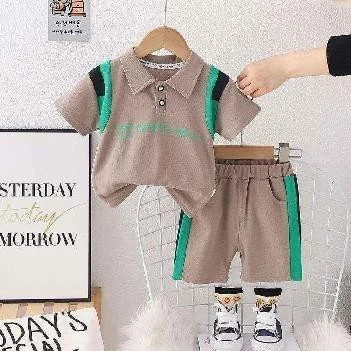 Taupe Polo and Mint-Stripe Shorts Set showcase