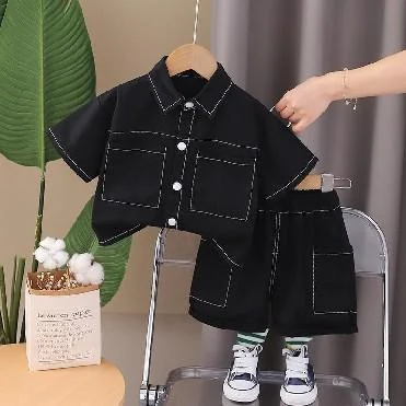 Black Contrast-Stitch Shirt and Shorts Set showcase