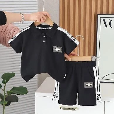 Black Stripe-Panel Polo Shorts Set showcase