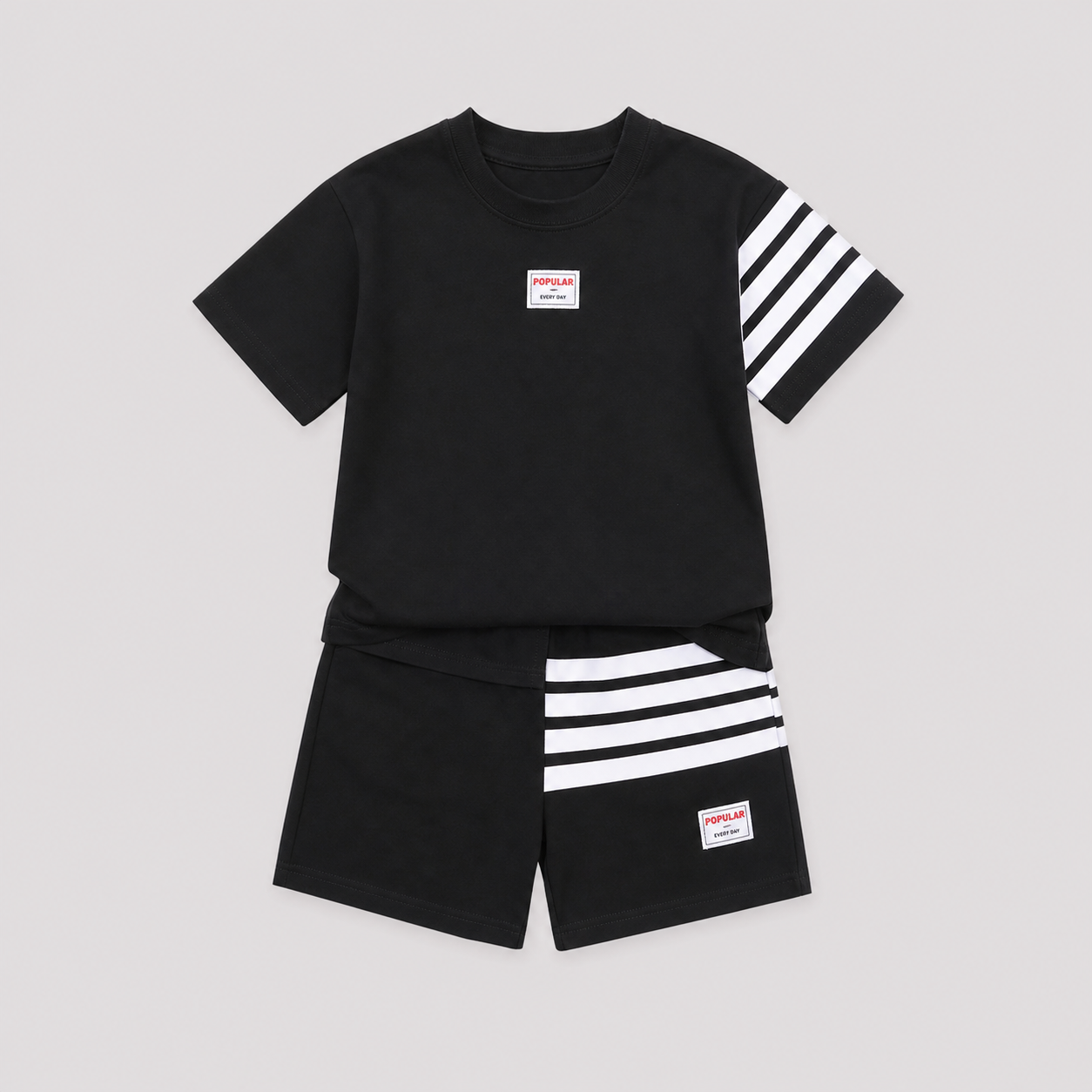 Black Asymmetric Stripe Tee Shorts Set showcase