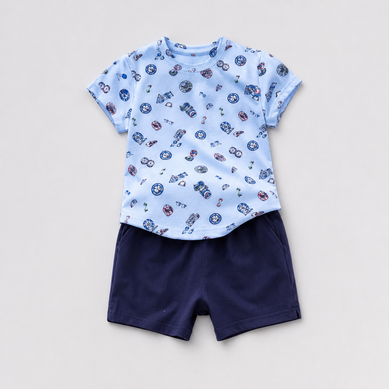 Sky Blue Mini-Print Tee and Navy Shorts Set showcase