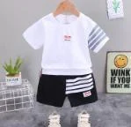 White Asymmetric Stripe Tee Shorts Set showcase