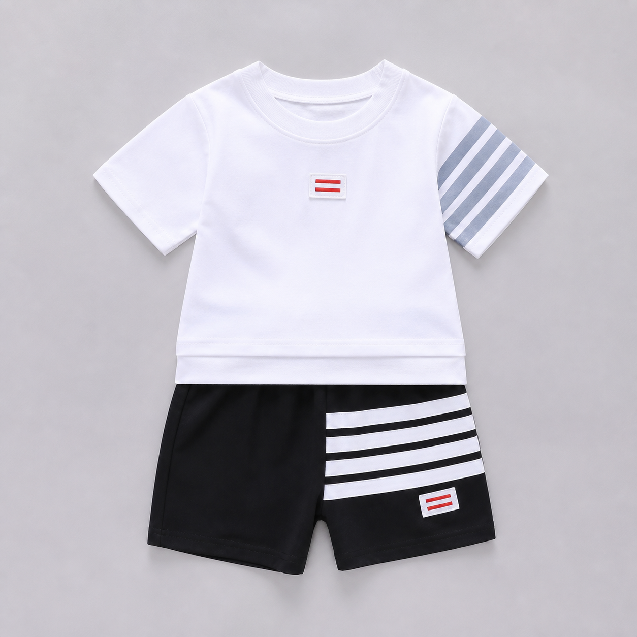 White Asymmetric Stripe Tee Shorts Set showcase