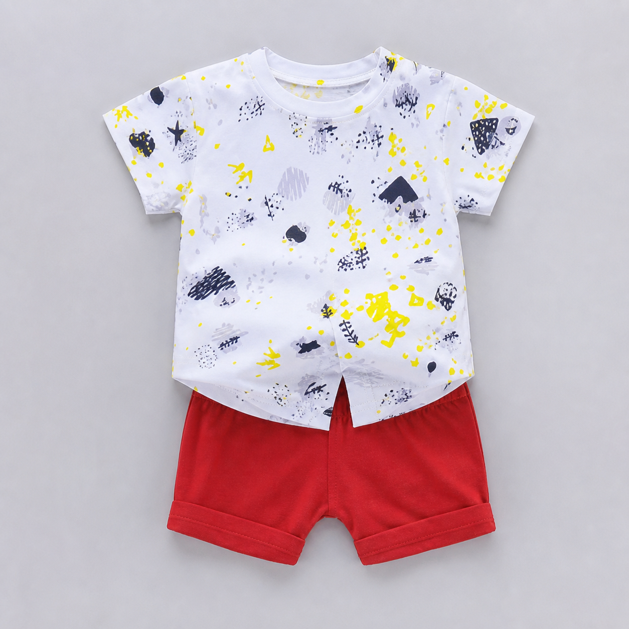 White Confetti-Print Tee and Red Shorts Set showcase