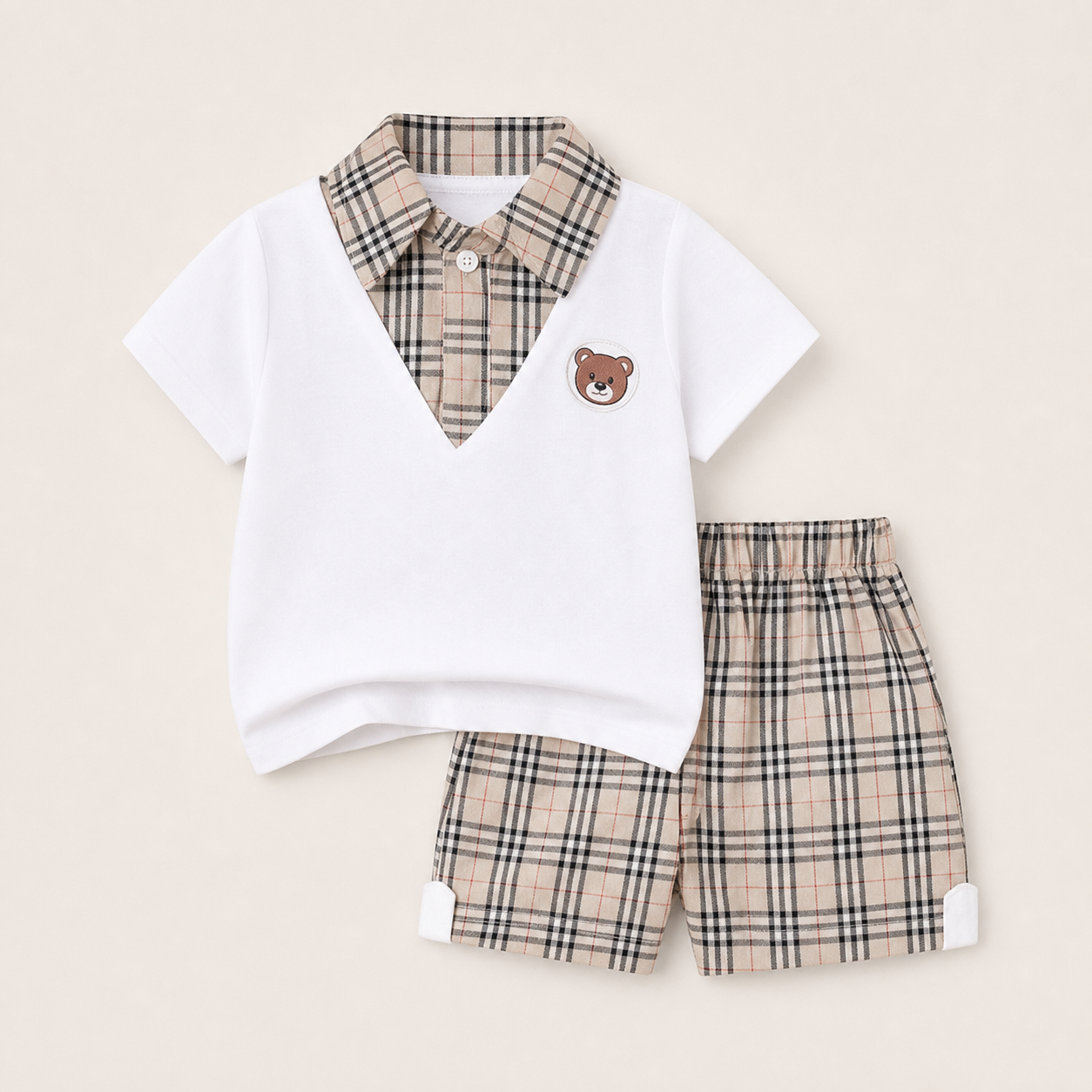 White Plaid-Collar Polo and Shorts Set showcase